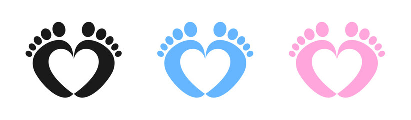 Baby foot barefoot heart icon. Set.