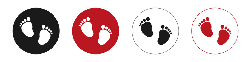 Set of vector illustrations of baby steps - pairs of black, pink and blue footprints in a flat styl