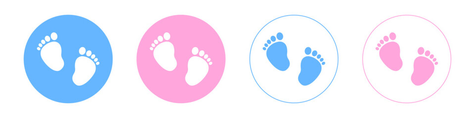 Set of vector illustrations of baby steps - pairs of black, pink and blue footprints in a flat styl