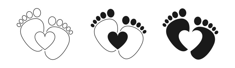 Baby foot barefoot heart icon. Set.