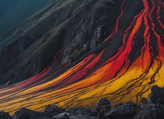 Abstract color landscape texture magma flows from a volcano among the mountains