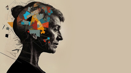 Alzheimer, dementia, Parkinson disease. Silhouette of a middle-aged woman with puzzle pieces, double exposure. Memory loss disorder