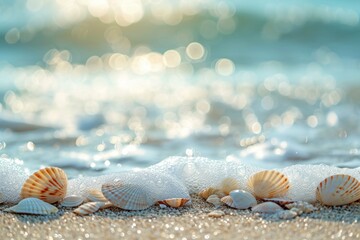 Fototapeta na wymiar serene and tranquil scene at the beach with the focus on several seashells