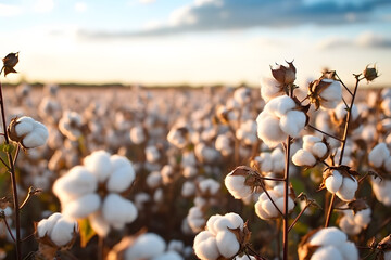 Cotton farm during harvest season. Field of cotton plants with white bolls. Sustainable and eco-friendly practice on a cotton farm. Organic farming. Raw material for textile industry.