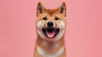 photo portrait of a happy Shiba Inu dog with its tongue hanging out on a light pink background - obrazy, fototapety, plakaty