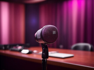 Professional microphone with pink-purple background banner design, Podcast or recording studio background copy space design.