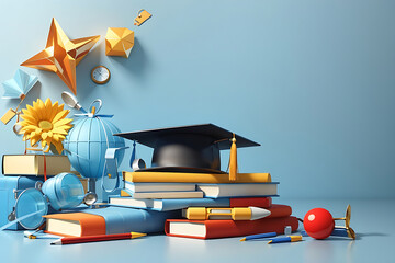 School books with accessories and graduation hat on light blue background design with copy space design. 3D Illustration, 3D Rendering