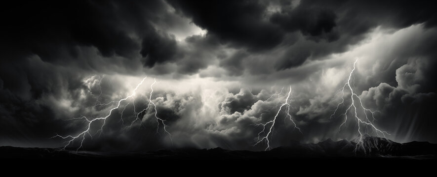 Horizontal banner of even clouds and lightning, dark background