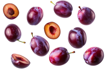 Isolated fresh red and purple plums on a white background, showcasing their juicy and delicious nature
