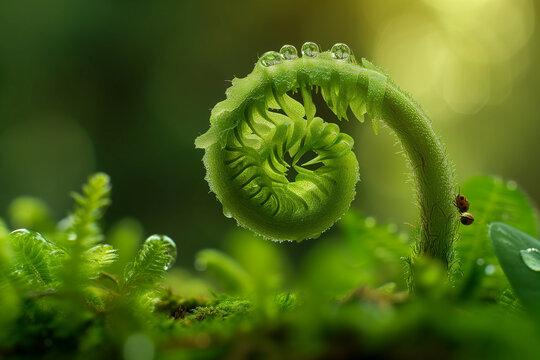 A tightly curled green fern frond unfurling slowly, revealing delicate veins and glistening droplets of morning dew.  close-up or macro view