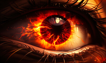 Close-up of a human eye with a fiery, burning iris symbolizing intensity, passion, or a powerful vision