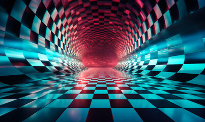 Futuristic checkered tunnel with a dynamic perspective, evoking a sense of speed, motion, and virtual reality in a surreal digital landscape
