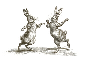 Fototapeta premium Two dancing easter bunnies. Celebration dance. Easter image. Vintage engraving