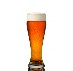 Red beer IPA with gentile foam in clear beer glass isolated on white background with glass reflection