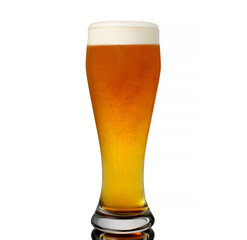 Red beer IPA with gentile foam in clear beer glass isolated on white background with glass reflection