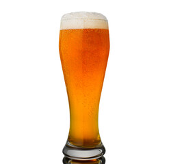 Red beer IPA with gentile foam in clear beer glass isolated on white background with glass reflection