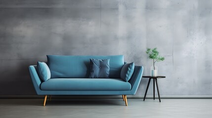 Blue sofa against concrete wall. Scandinavian loft home interior design of modern living room in minimalist studio apartment.
