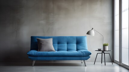 Blue sofa against concrete wall. Scandinavian loft home interior design of modern living room in minimalist studio apartment.

