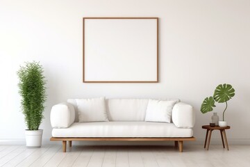 A contemporary living space with a frame, sofa, table, and decorations. Home staging showcasing creativity. White wall with space for customization. Generative AI
