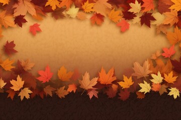 Naklejka na ściany i meble Wallpaper depicting autumn leaves against a mid brown background, featuring a holiday banner with space for copy. Generative AI