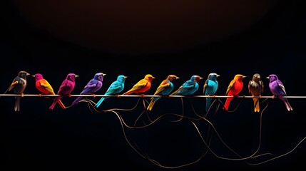 Colorful birds on a telephone wire. all different colors and patterns. Colorful eye-catching abstract background for creative and diverse content. Black background. Extra wide format. - obrazy, fototapety, plakaty