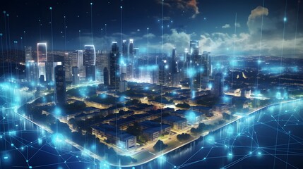 Digital city with high speed information and power grid. Digital community, smart society. DX, Iot, urban and rural nature areas digital network. digital society concept. 
 - obrazy, fototapety, plakaty
