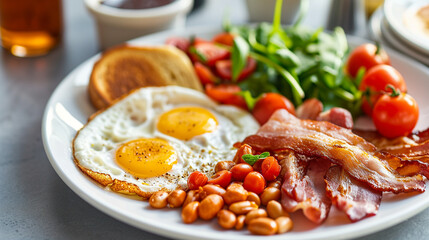 Professional photograph of traditional english breakfast. Breakfast with eggs, beans, bacon and salad.