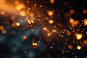 golden heart on blurry background, bokeh, bokeh background, romantic, Valentine's day, depth of field, heart-shaped multi-colored lights, haze, rainbow, blurred background.