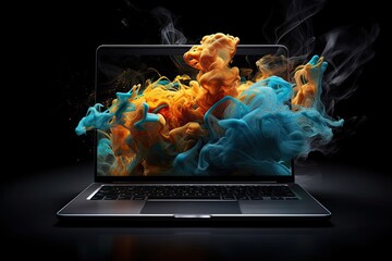 Vibrant swirls of smoke dance around a sleek laptop, bringing a burst of creativity and energy to its user