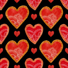 Watercolor pattern with red hearts, cookies with ornament on a black background. For paper, fabric, Valentine's Day, etc