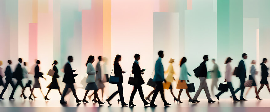 Illustration of office workers busy walking. A view from the side. Silhouettes of people and cityscape.