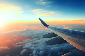 Fototapeta premium View from the airplane window, view of the airplane wing.