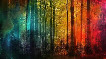 Artistic abstract interpretation of a forest with vivid colors and textures background