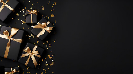 Elegant Black Gift Boxes with Golden Confetti - Stylish Present for Celebrations and Special Occasions on Isolated Background