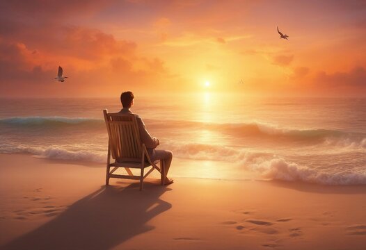 Image of a summer season a man sitting on a chair at the edge of the beach during sunset.