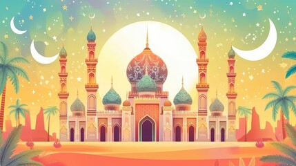 Fototapeta premium Colorful Ramadan Greeting Card with Festive Illustrations