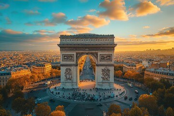Arc de Triomphe in France, Paris, aerial view on a scenic sunset