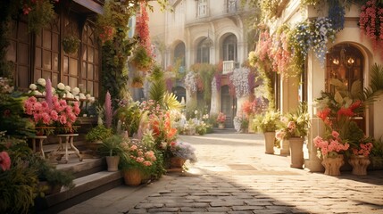 Fototapeta na wymiar Charming Street Filled With Colorful Flowers in a Narrow Pathway, Spring
