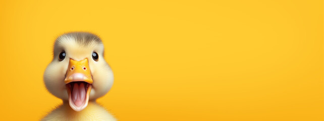 Duck looking surprised, reacting amazed, impressed, standing over yellow background - obrazy, fototapety, plakaty