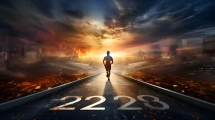 Foto op Plexiglas A solitary person strolling during dawn,, A man walks on a long road with the numbers 2023 on it  © Amjid