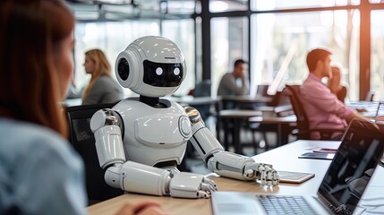 robot working in office with female employees, ai generative