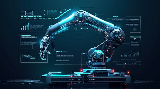 3d rendering robotic arm or robot arm in digital hologram background, ai generative