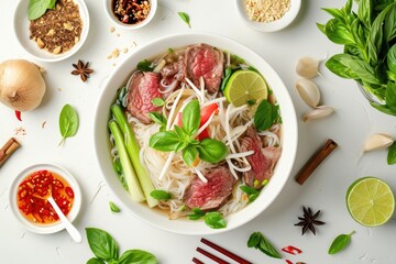 Beef Pho made of beef bones, stalks of celery, halved onion, cloves, star anise, cinnamon sticks, bay leaves, rice noodles, fish sauce, toasted rice flour, beef fillet thin slices, limes quarter, basi