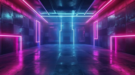 Fototapeta premium Futuristic corridor with neon lights, ai generative