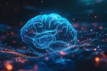 Deurstickers Dive into the forefront of neuroscience with a human brain hologram study. Detailed background, selective focus, and ample copy space for immersive scientific exploration. © Thiyanga