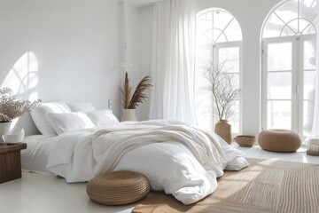 Fototapeta na wymiar Modern minimalist bedroom interior in luxurious apartment. White walls and floor, wooden and wicker furniture, indoor plants, large window. Concept of aesthetic simple contemporary interior design.
