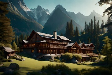 Fototapeta na wymiar serene exterior view of a Western mountain retreat, with a cedar-shingled exterior, expansive windows, and a peaceful garden, all against a backdrop of towering peaks