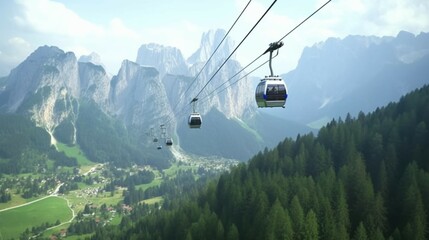 Aerial view of the cable car from Ortisei to Rascies Ai Generative