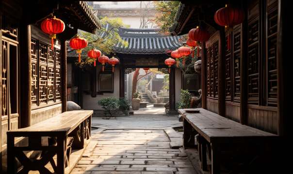 Traditional Chinese courtyard architecture with red lanterns hanging in a serene alleyway, embodying ancient cultural heritage and tranquility