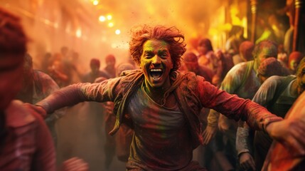 Group of People Covered in Colored Powder Celebrating Joyful Event, Holi